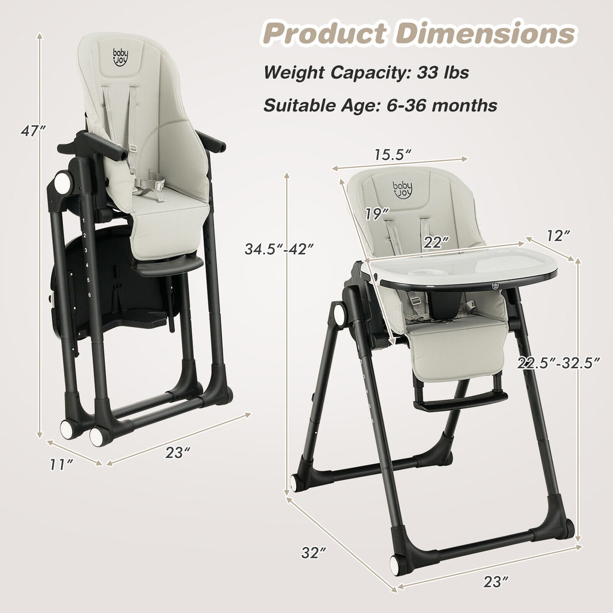 Folding Baby High Chair with 6 Adjustable Heights - Gray, 4-in-1