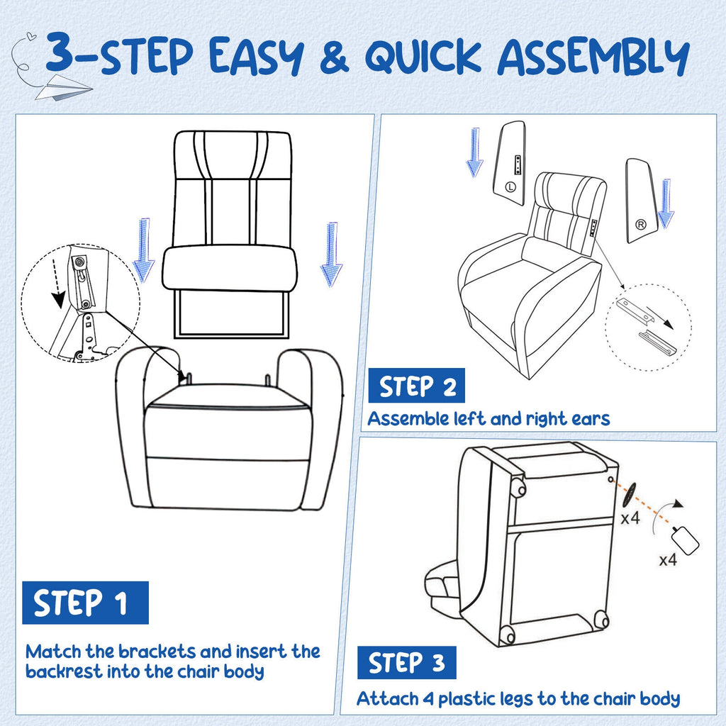 Kids Recliner Chair with Side Pockets & Footrest - Style G, Blue