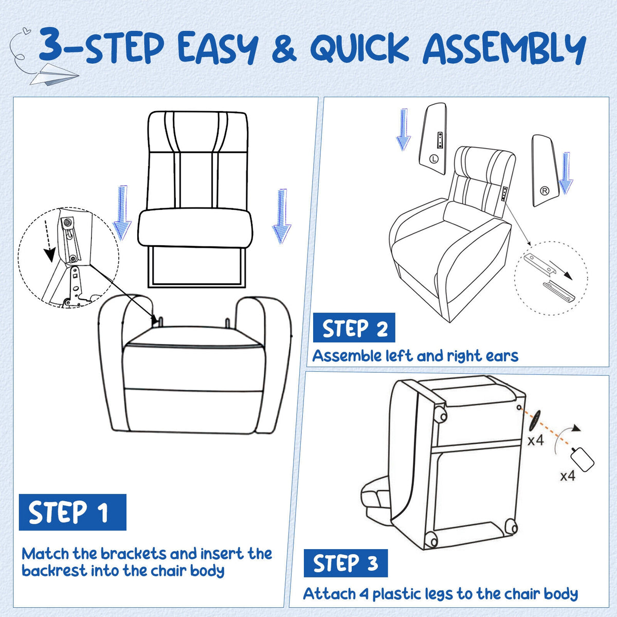 Kids Recliner Chair with Side Pockets & Footrest - Style G, Blue