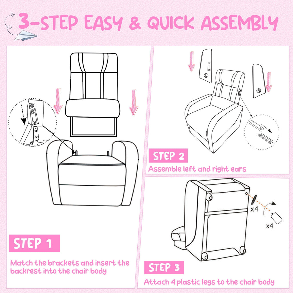 Kids Recliner Chair with Side Pockets & Footrest - Style G Pink