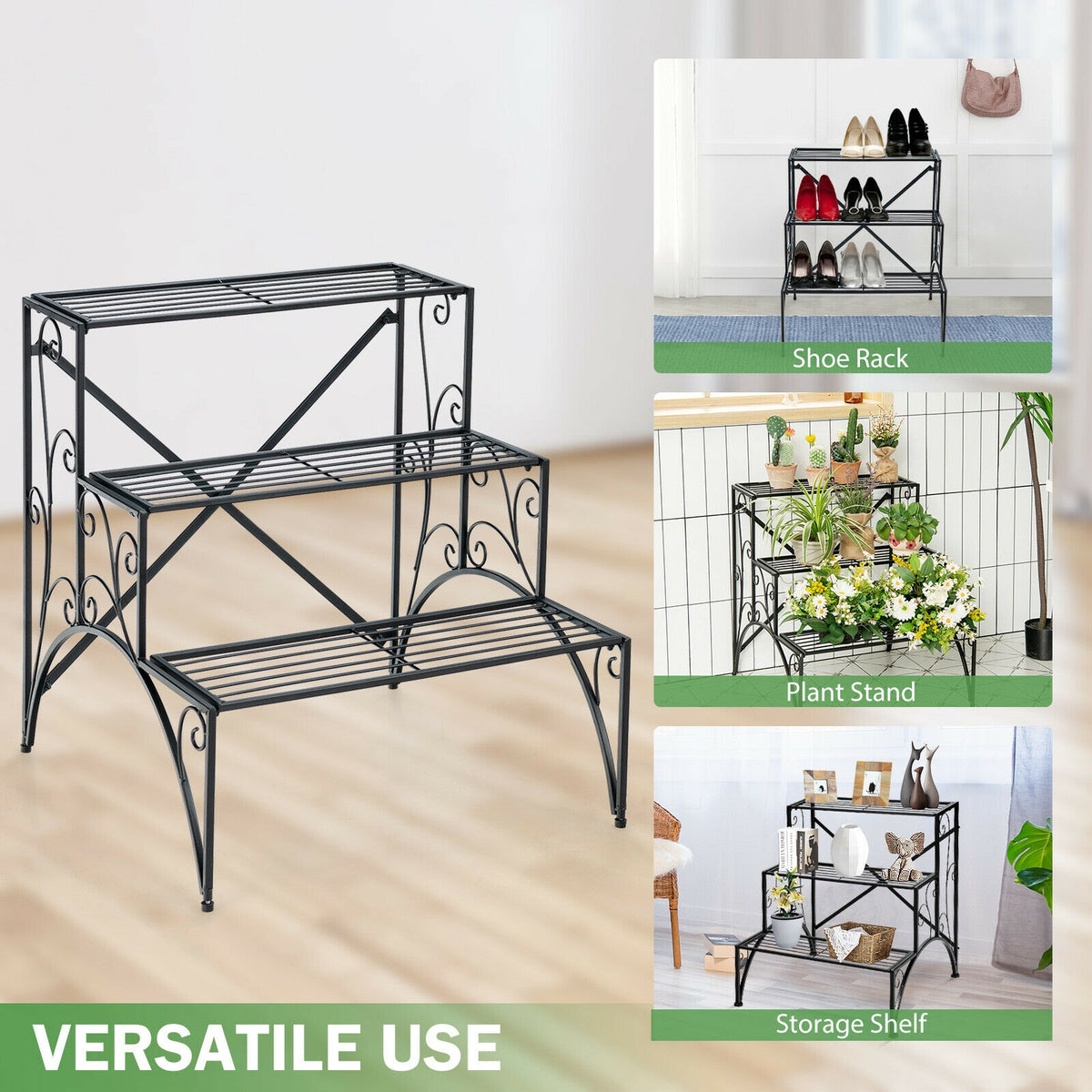 3-Tier Metal Plant Stand with Widened Grid Shelf for Porch Garden