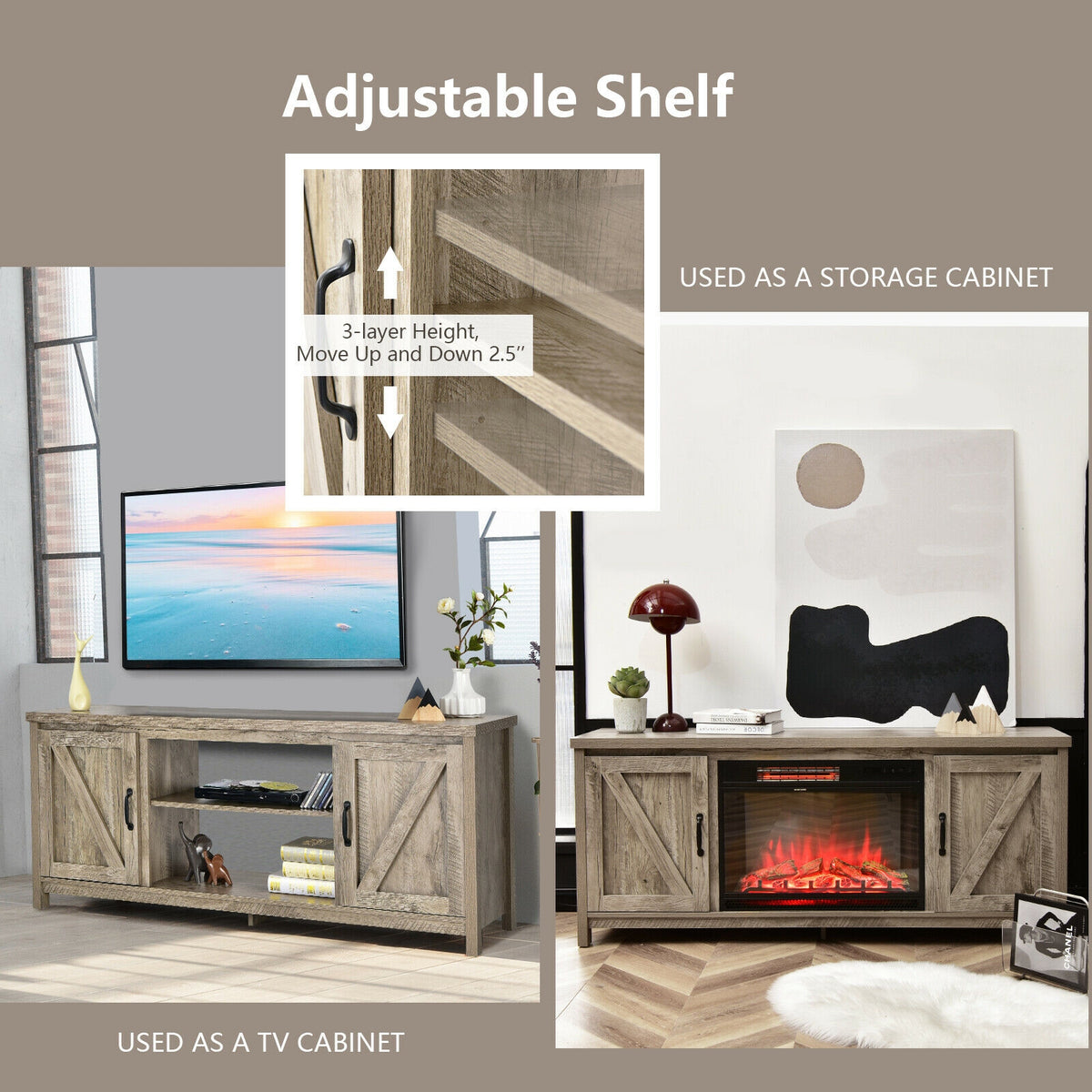 59 Inch Barn Door TV Console Table with Storage - Natural