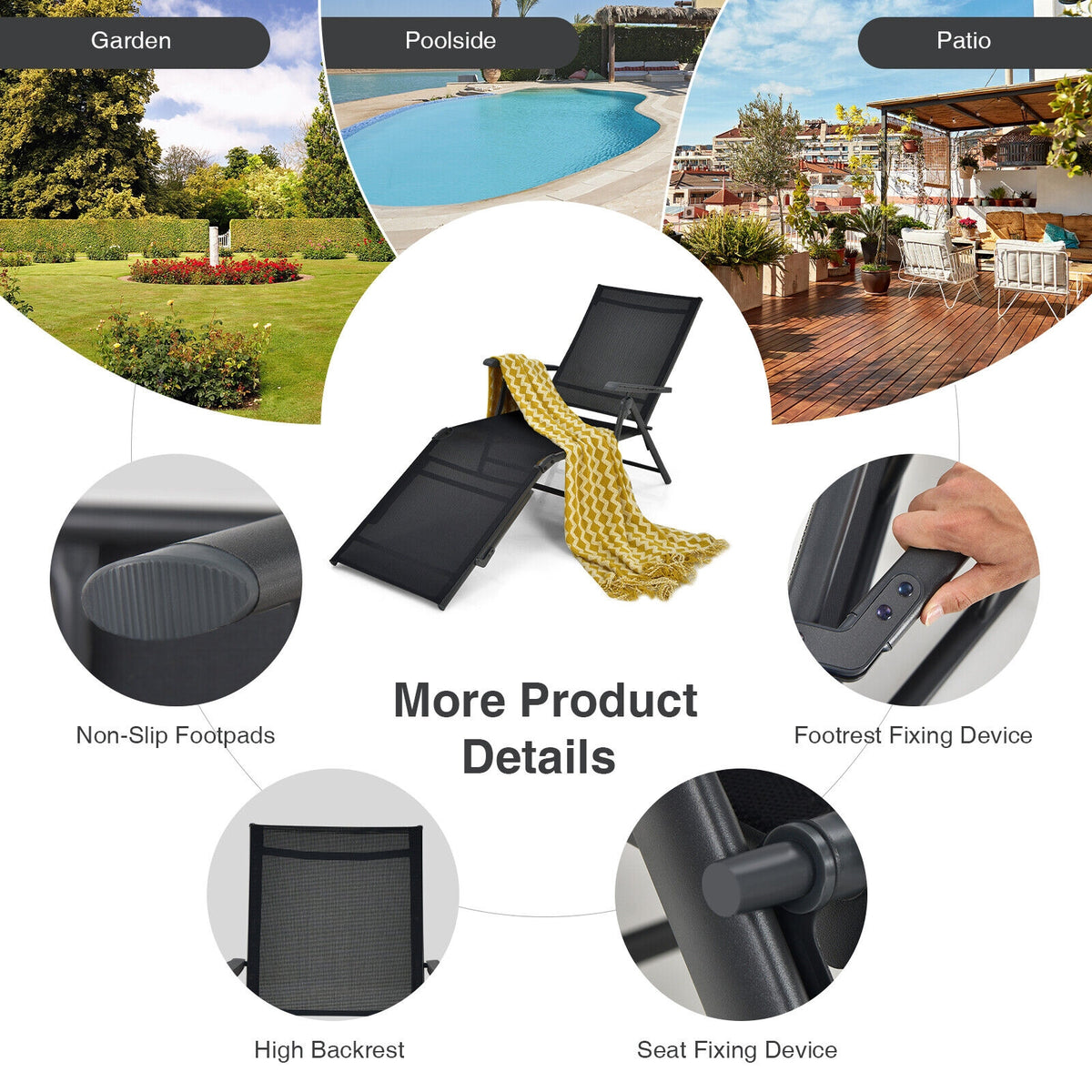 Foldable Chaise Lounge Chair with Footrest - Black