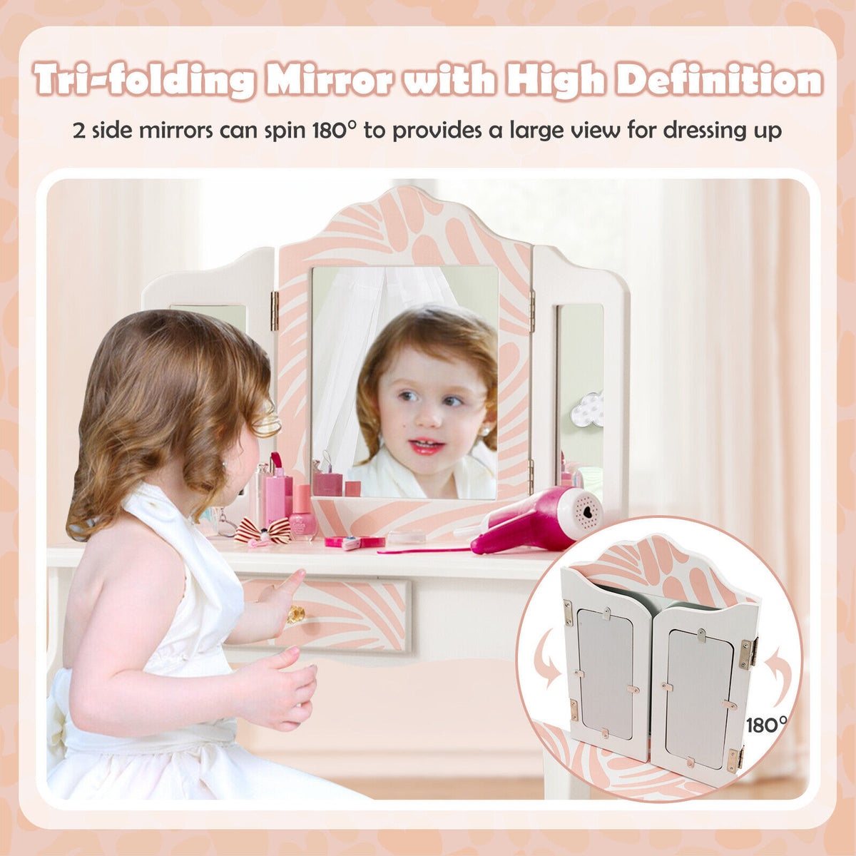 Kids Vanity Table Set with Tri-Fold Mirror - Pink, 2-in-1 Dressing & Writing Desk
