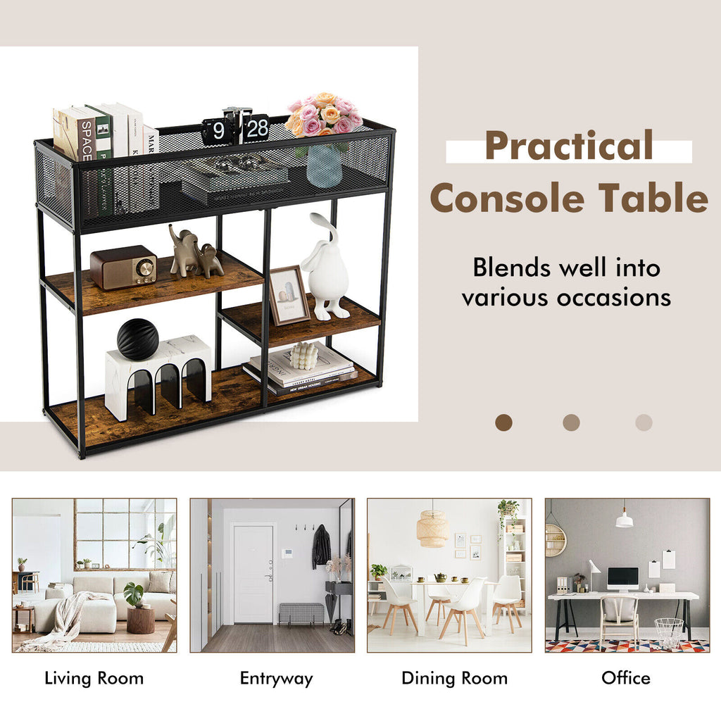 4-Tier Industrial Console Table with Wire Basket - Rustic Brown