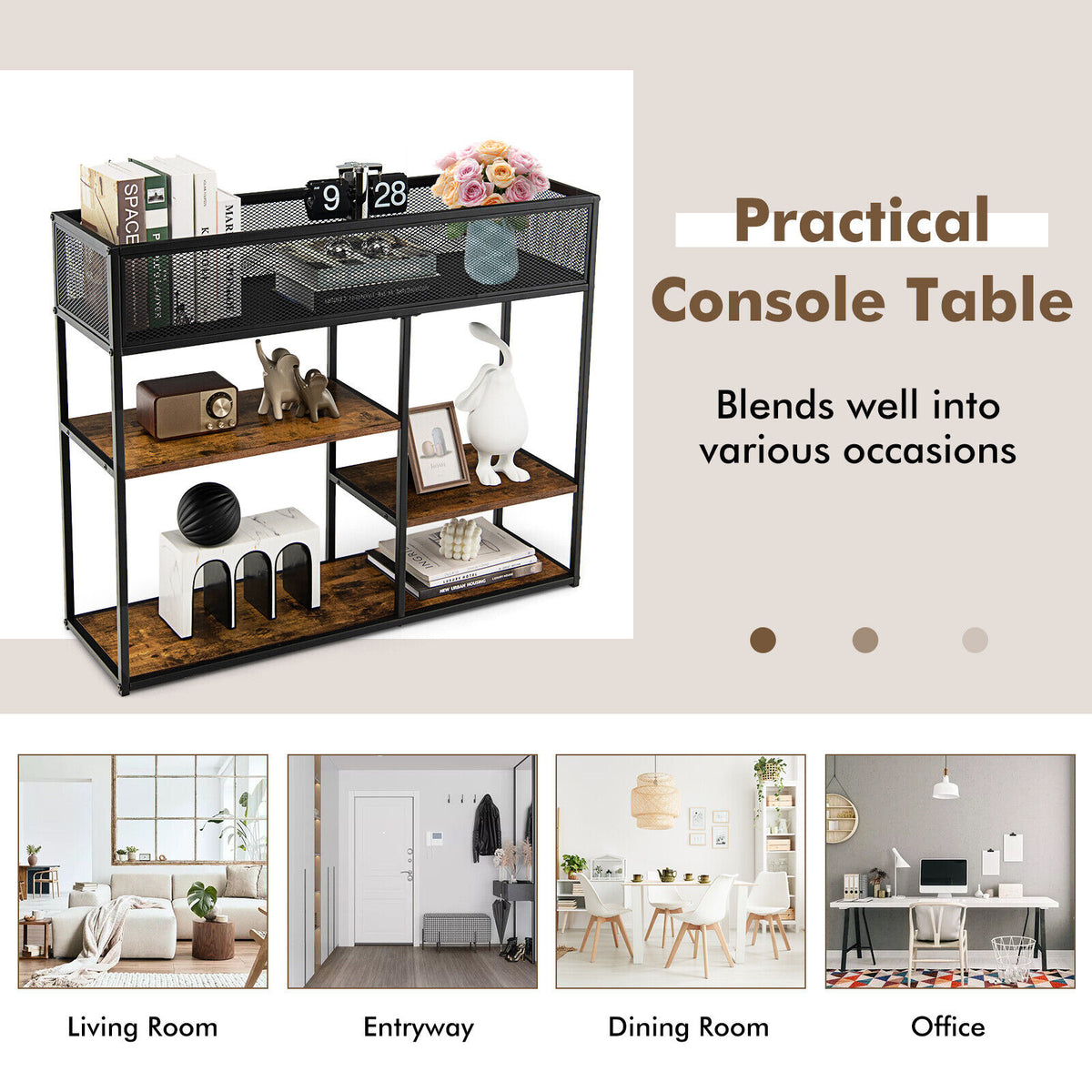 4-Tier Industrial Console Table with Wire Basket - Rustic Brown