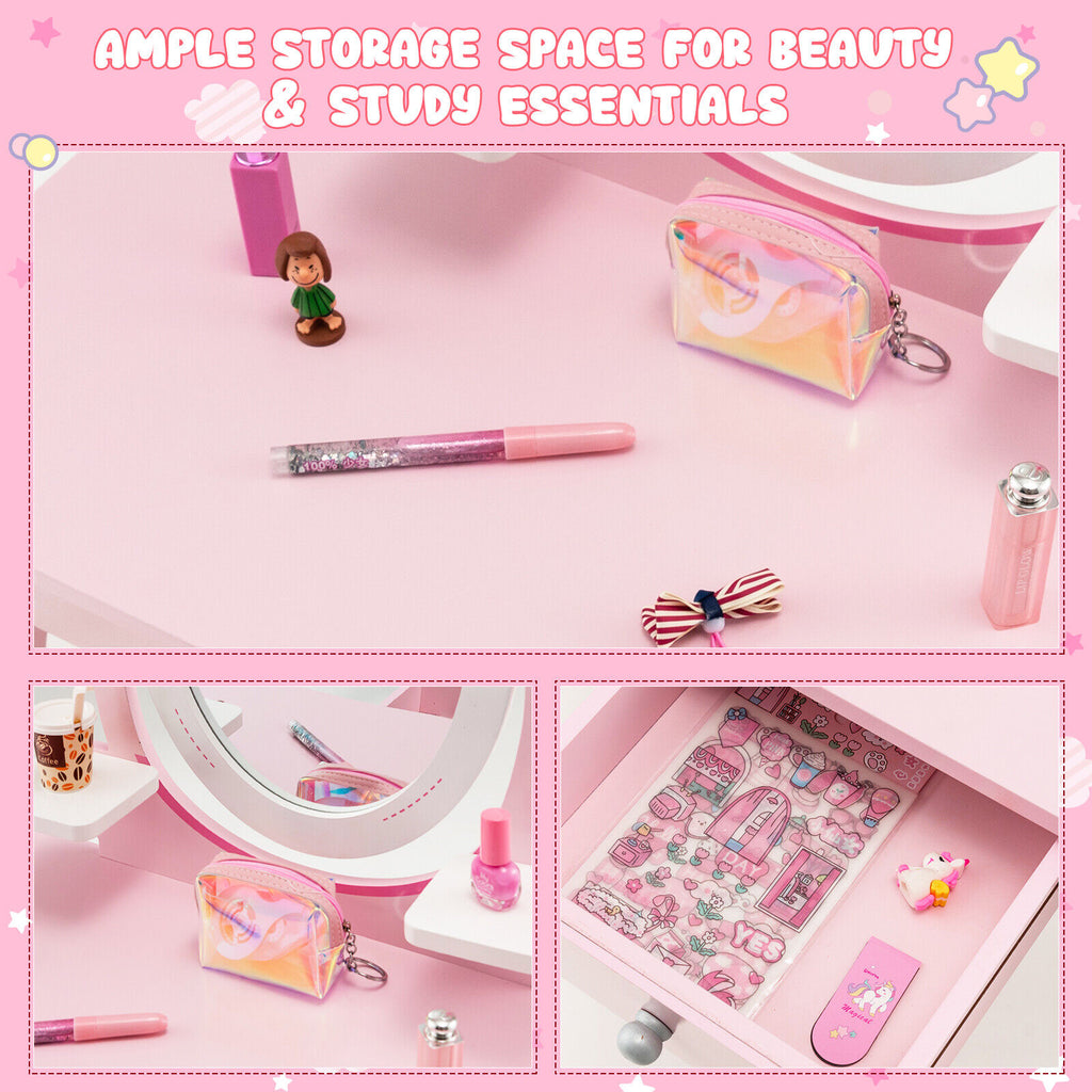 Kids Vanity Table Stool Set with Pink Storage Drawer & Rotatable Mirror - Costway