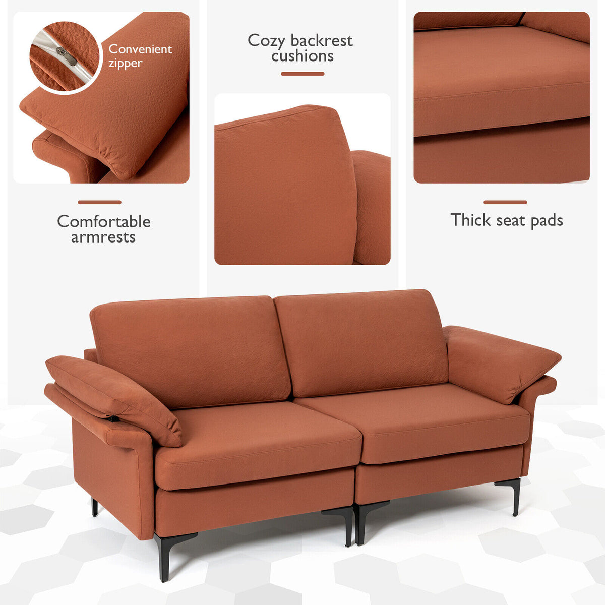 Rust Red Loveseat Sofa with Metal Legs & Armrest Pillows