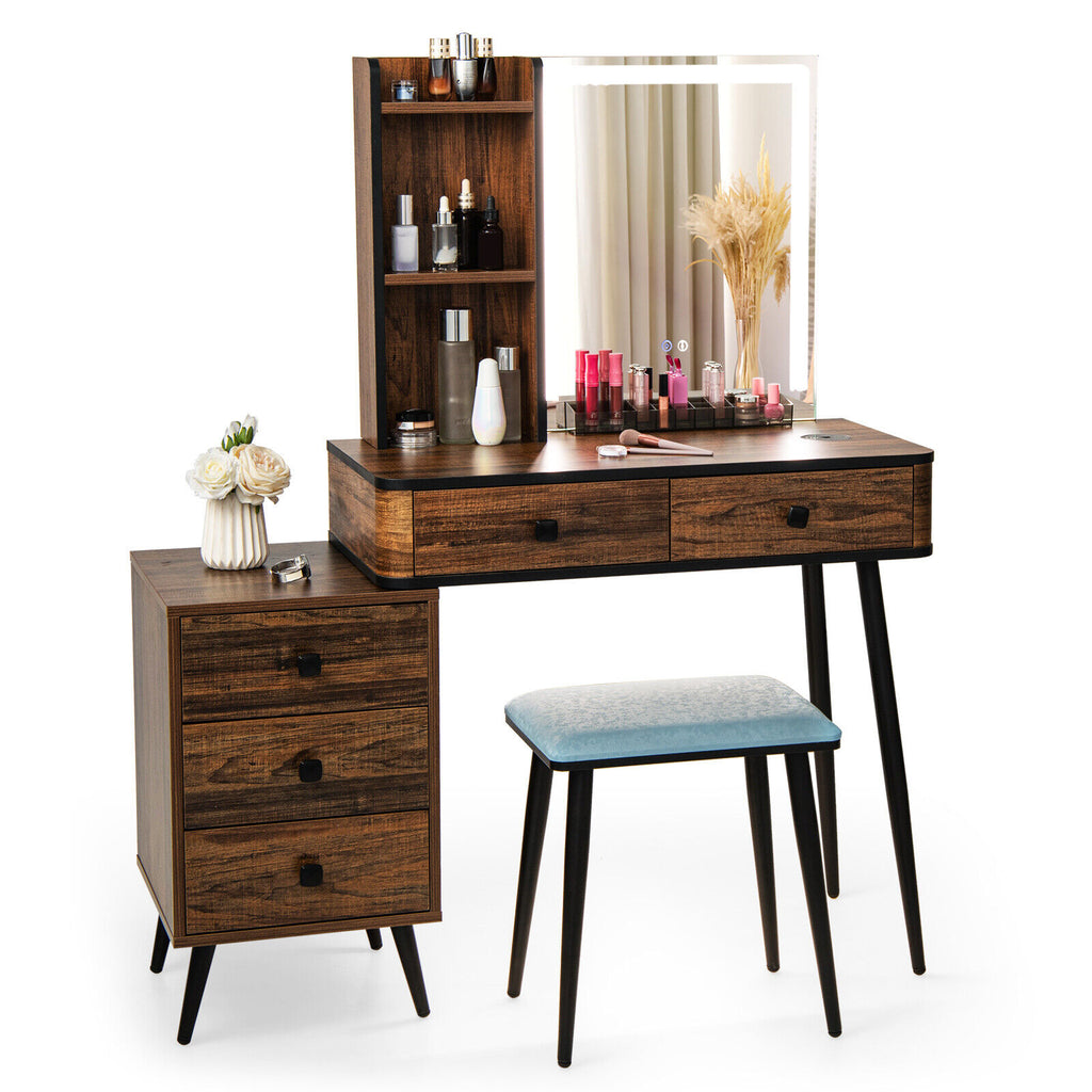 Lighted Vanity Table Set with 3-Color Mirror and Charging Station, Brown
