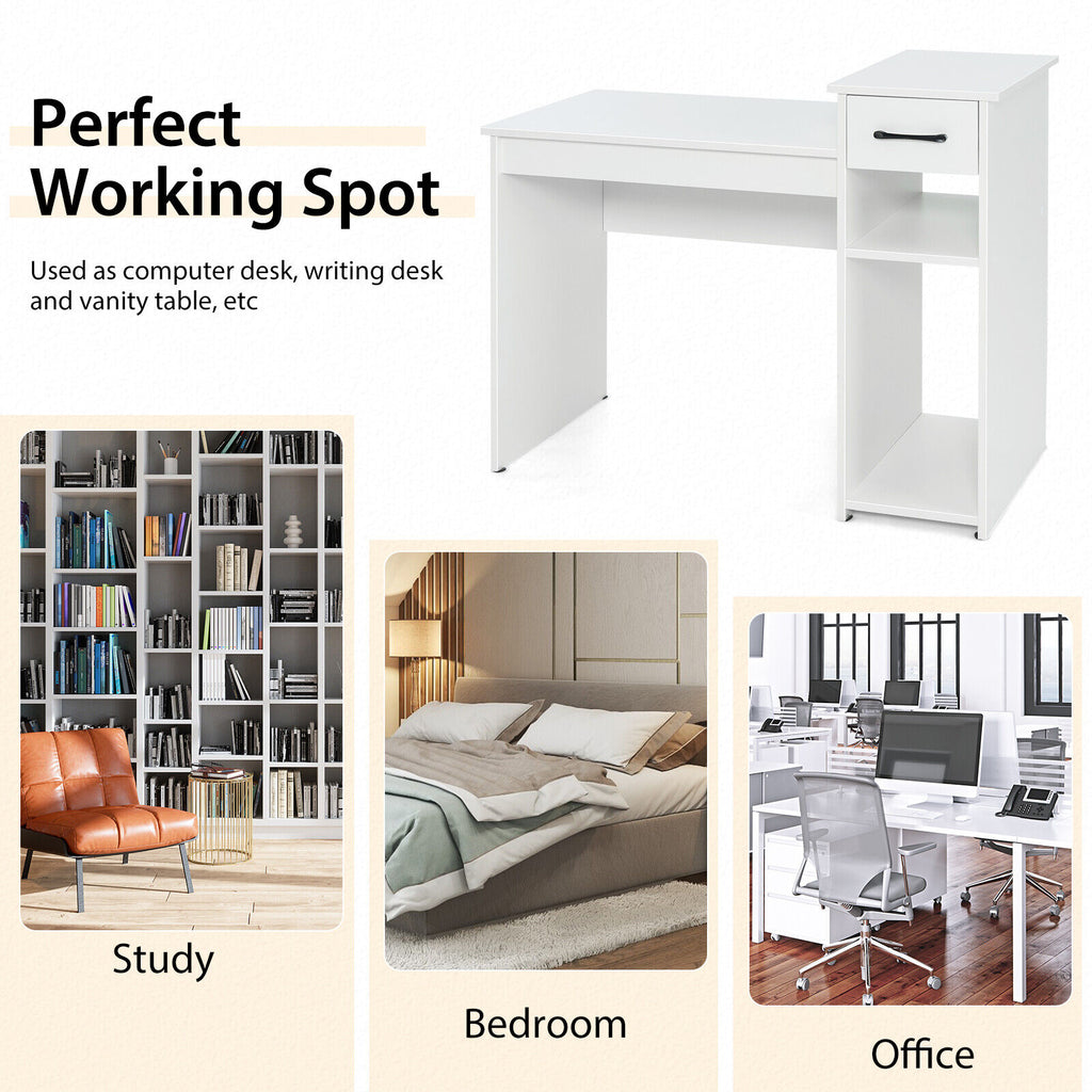 Compact Computer Desk with Drawer and CPU Stand, White