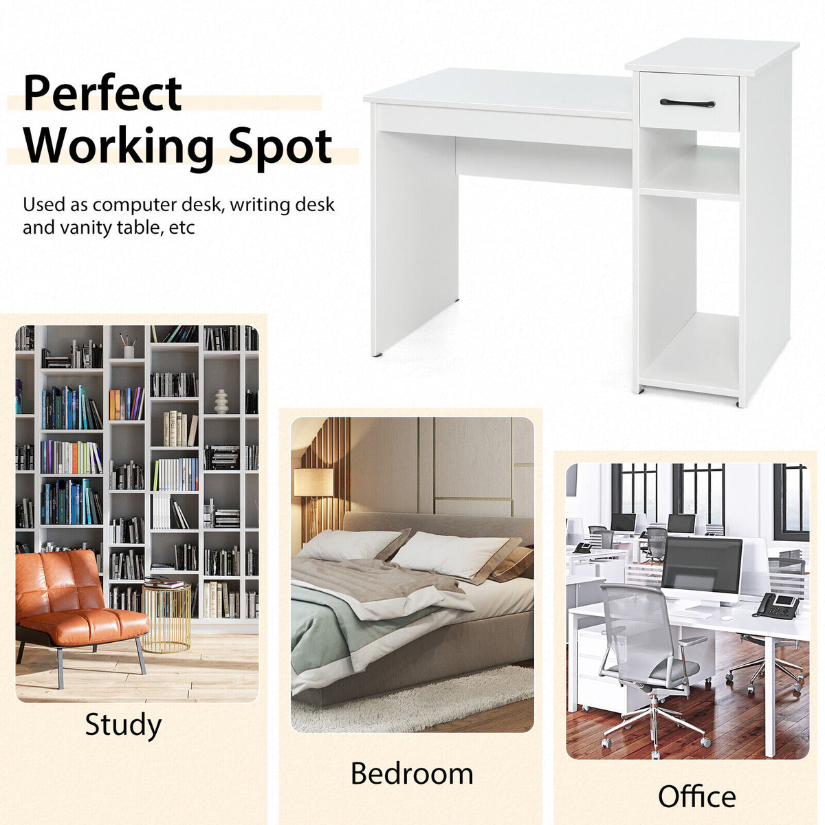 Compact Computer Desk with Drawer and CPU Stand, White