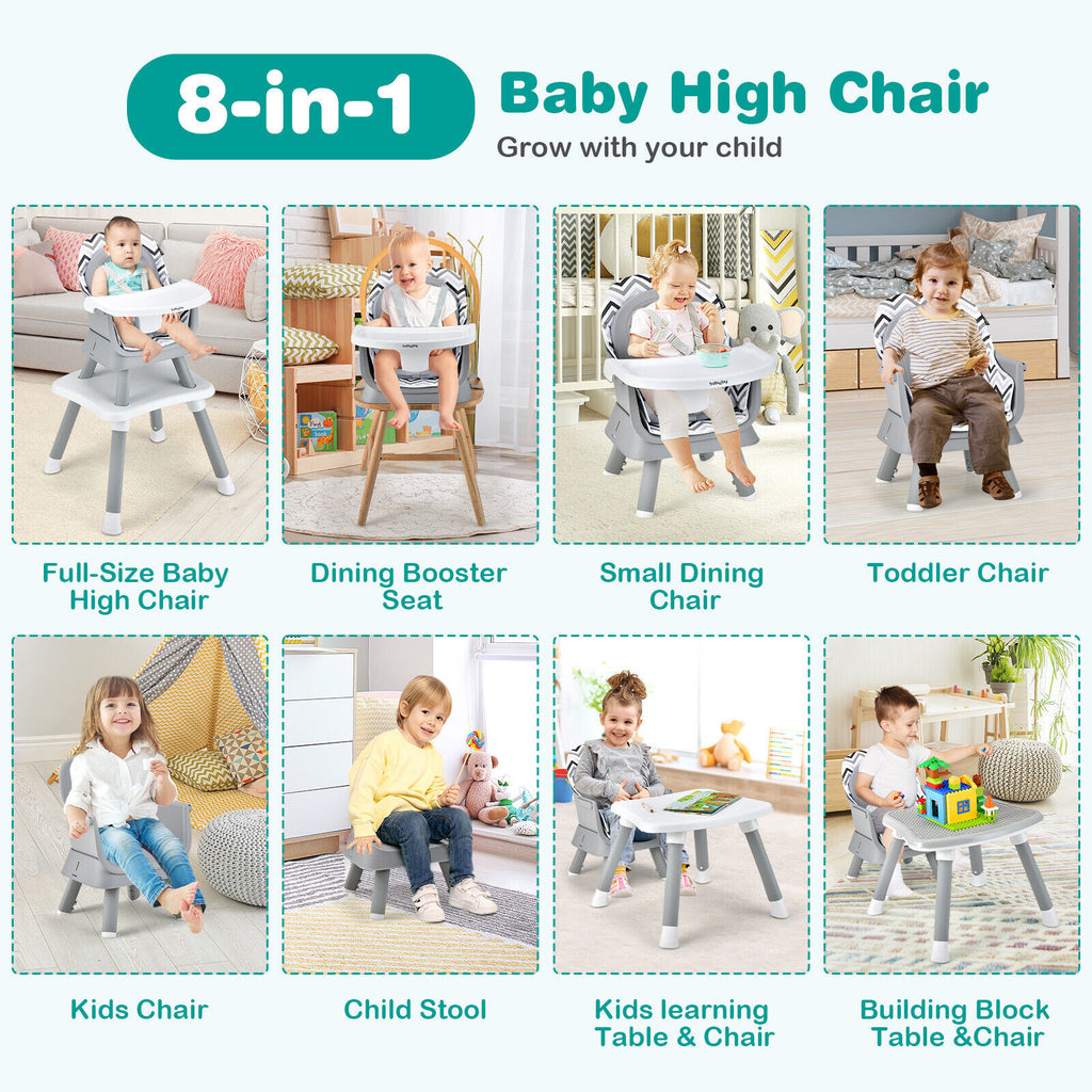 Gray & White 8-in-1 Convertible Baby High Chair with Removable Tray