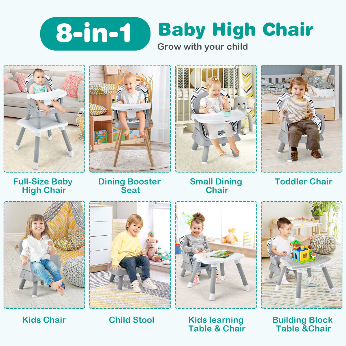 Gray & White 8-in-1 Convertible Baby High Chair with Removable Tray