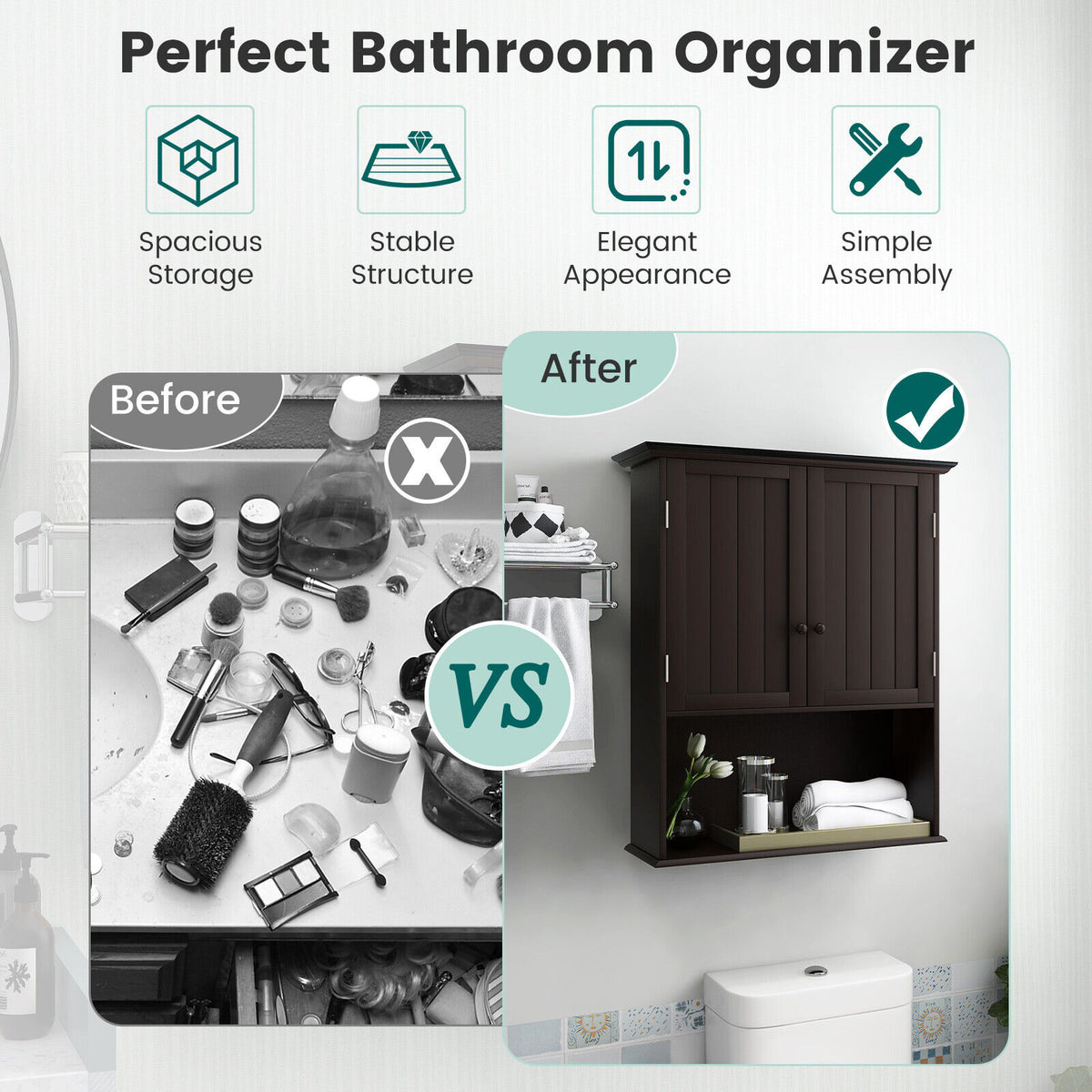 2-Door Wall Mount Bathroom Storage Cabinet, 28 Inch H, Espresso