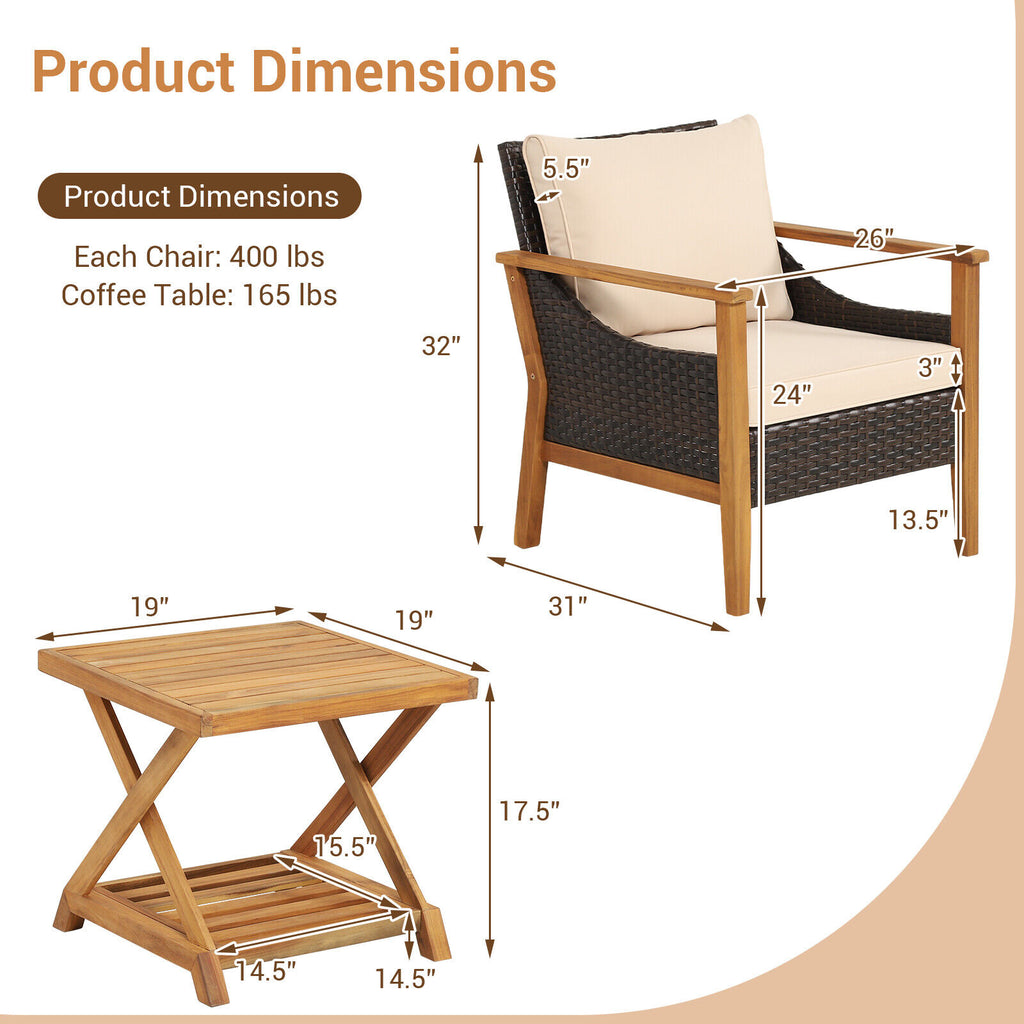 3 Pieces Patio Wicker Furniture Set with 2-Tier Side Table and