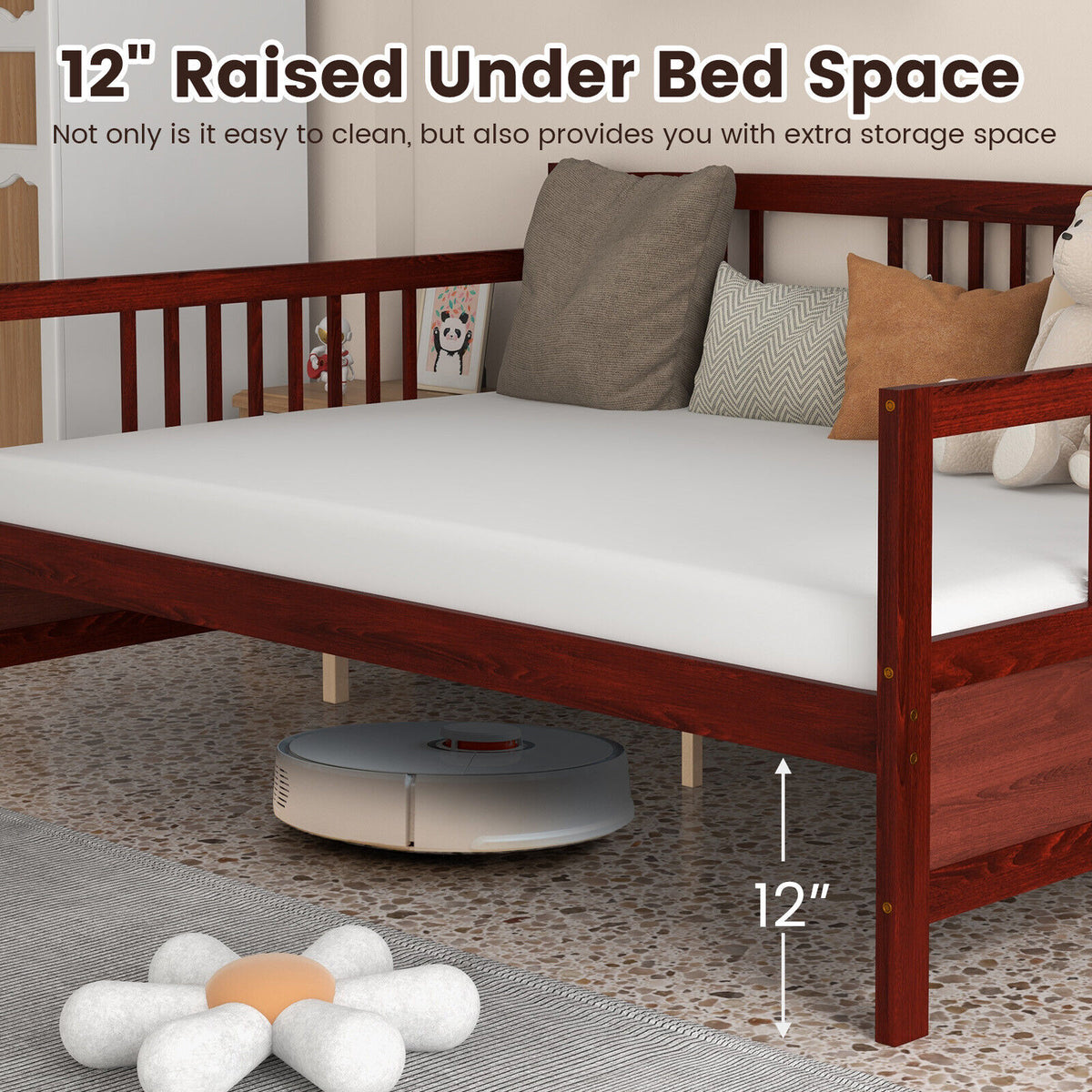 Wooden Full Size Daybed Frame with Guardrails - Brown