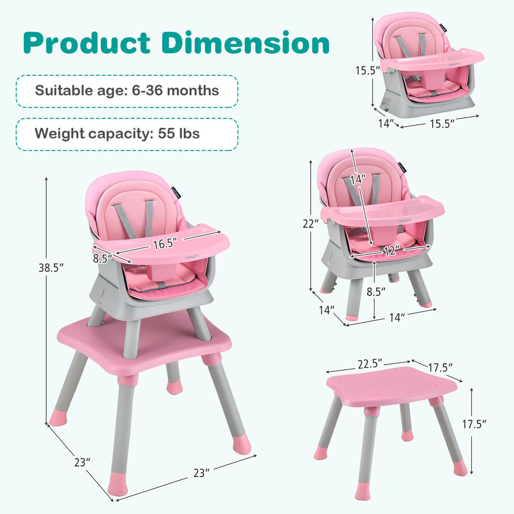 Pink 8-in-1 Convertible Baby High Chair with Removable Tray & Cushion - Costway