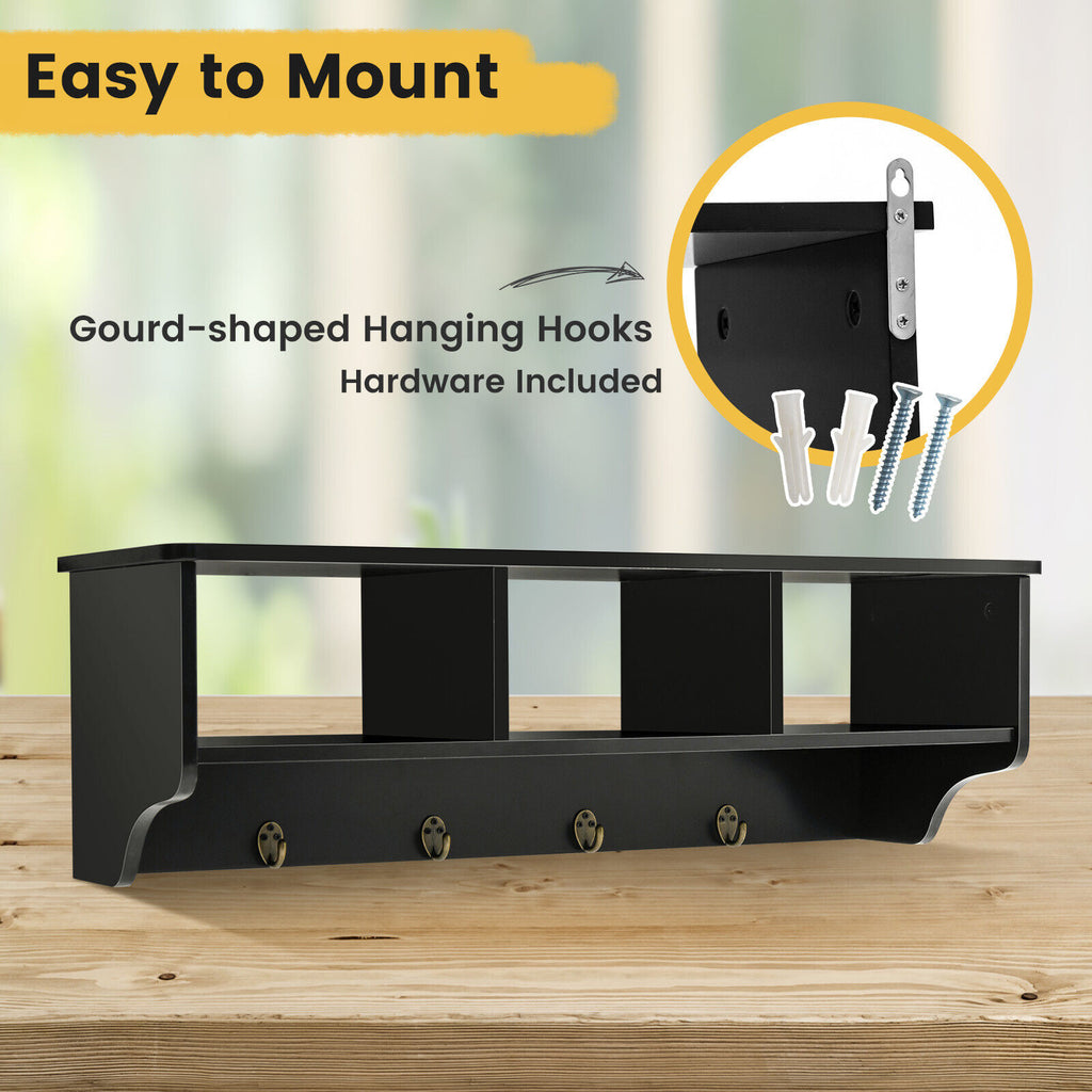 Wall Mount Hooks Shelf for Entryway Storage - Black
