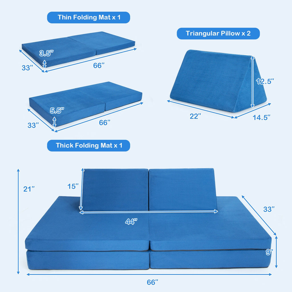 Girls Boys Modular Sofa Play Couch Set with 2 Folding Mats & 2 Triangular Pillows - Blue, 4 Pieces