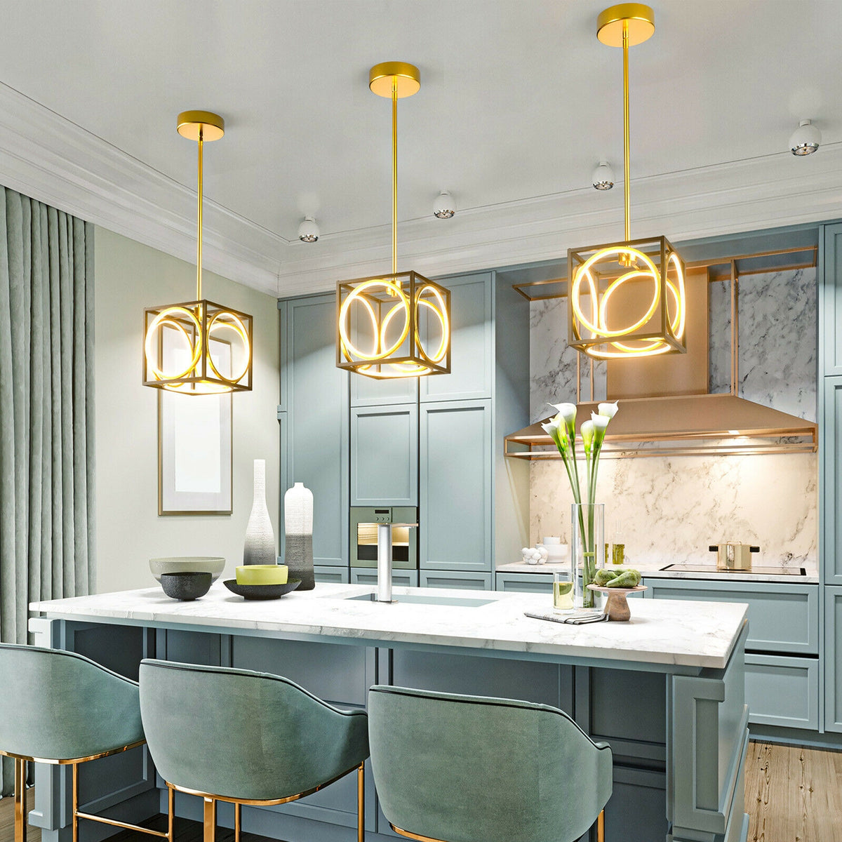 Adjustable Suspender LED Pendant Light - Golden Cube Design, 42 Inch