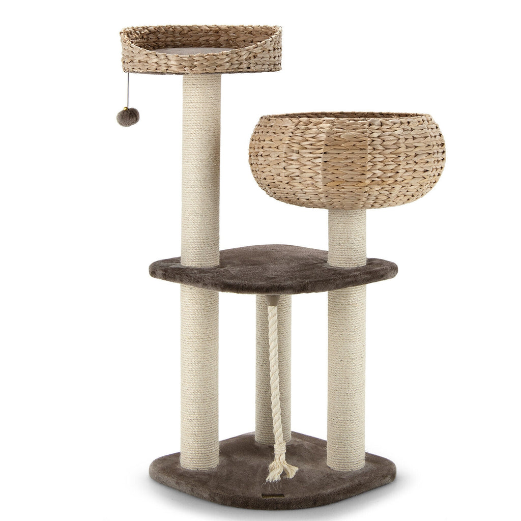 41 Inch Rattan Cat Tree with Napping Perch - Brown
