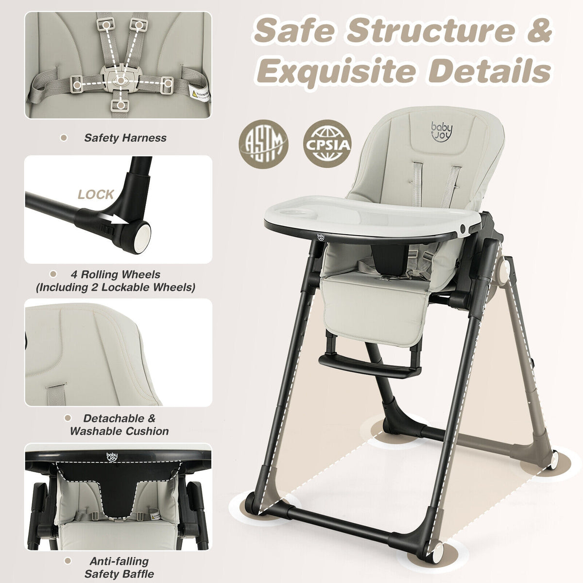 Folding Baby High Chair with 6 Adjustable Heights - Gray, 4-in-1