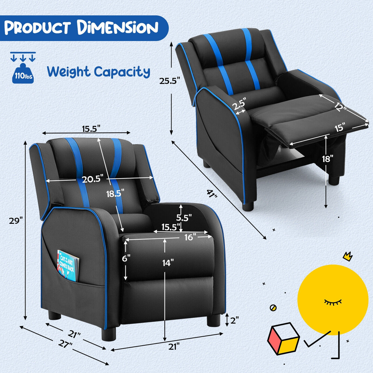 Kids Recliner Chair with Side Pockets & Footrest - Style G, Blue