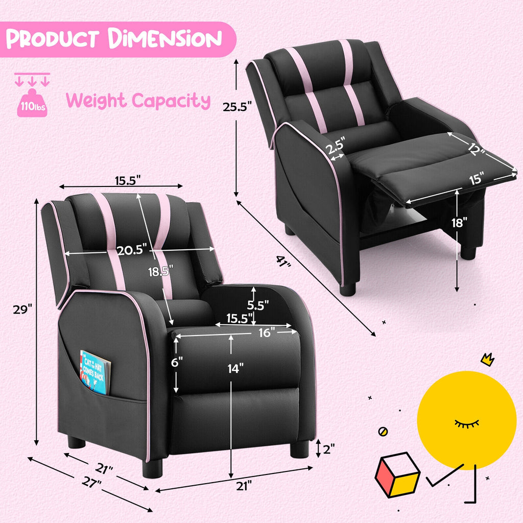Kids Recliner Chair with Side Pockets & Footrest - Style G Pink