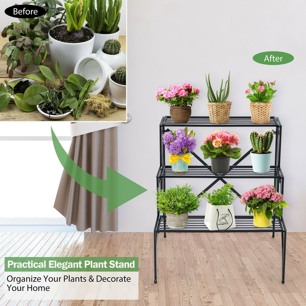 3-Tier Metal Plant Stand with Widened Grid Shelf for Porch Garden