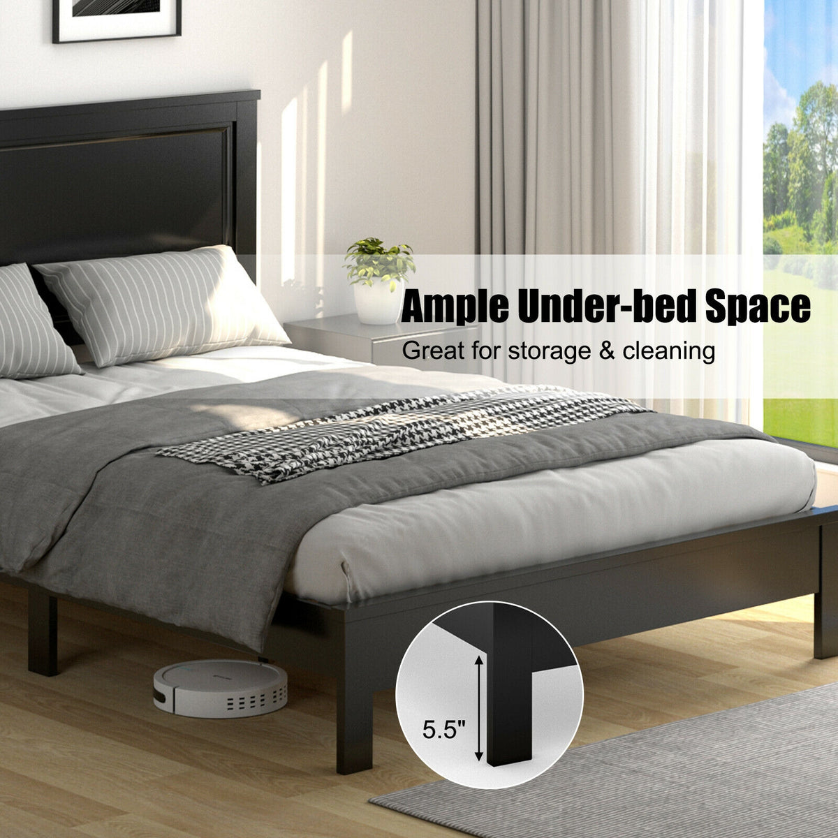 Queen Size Platform Bed Frame with Headboard - Black