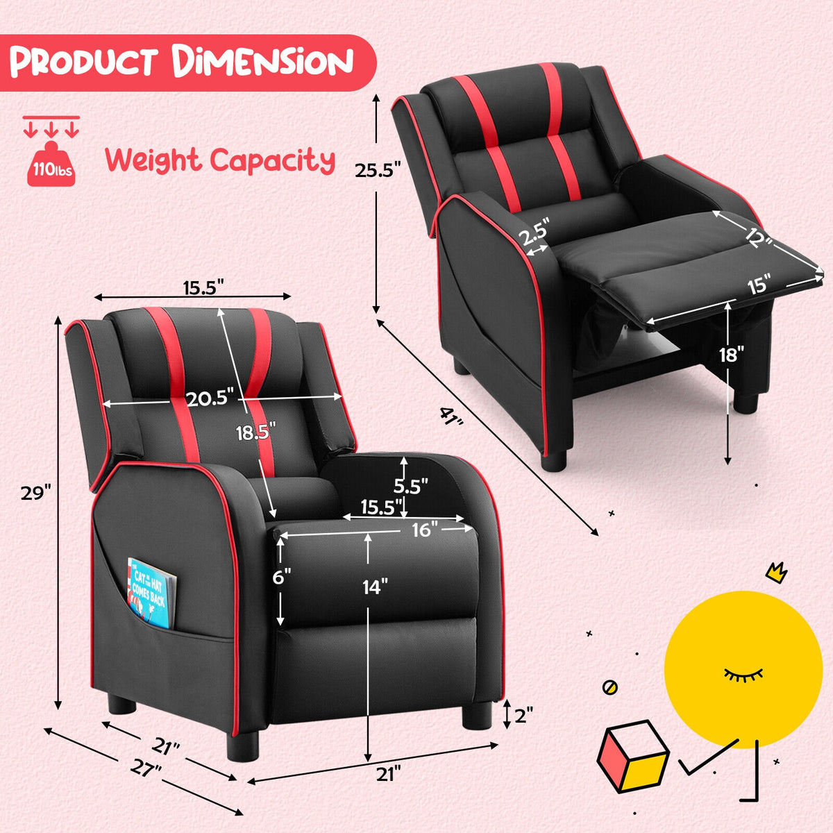 Kids Recliner Chair with Side Pockets & Footrest - Style G, Red