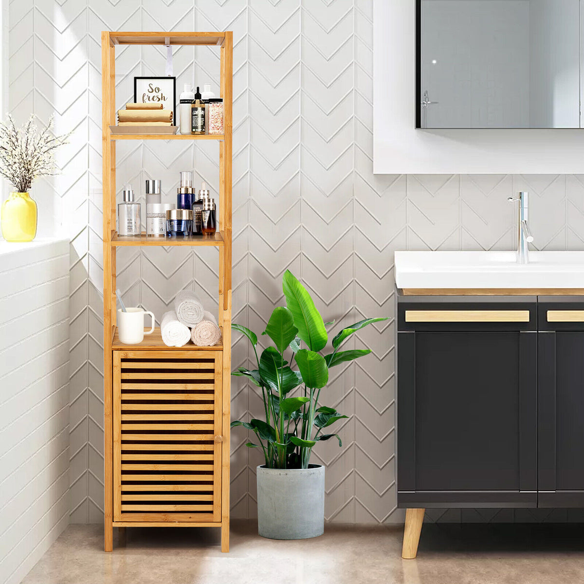 4-Tier Bamboo Floor Storage Cabinet with Shutter Door - 62-inch H