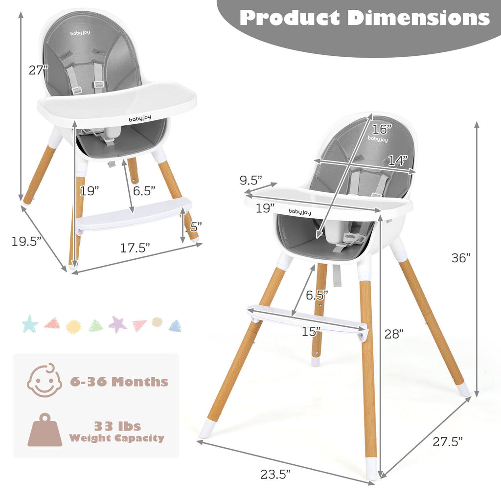 4-in-1 Convertible Baby High Chair Infant Feeding Chair Gray - Adjustable & Safe