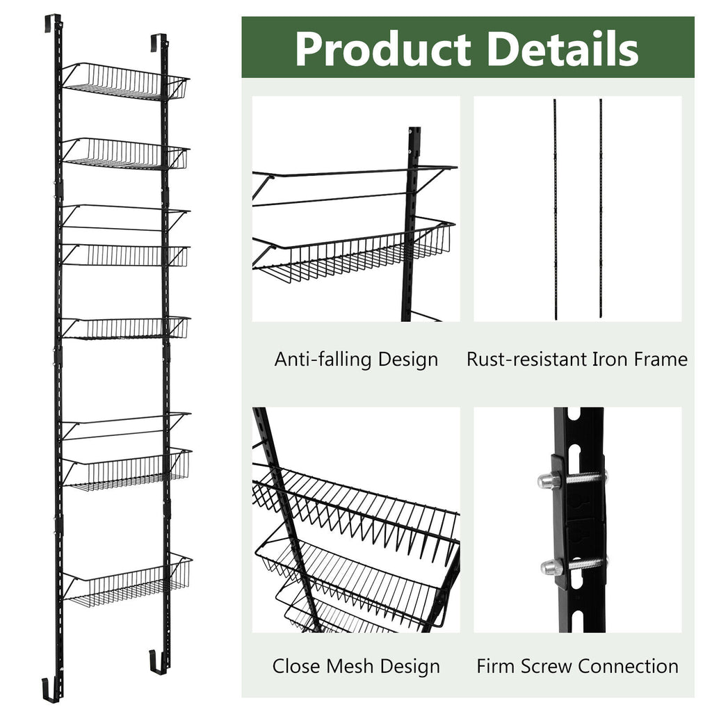 Over the Door Pantry Organizer Rack with Adjustable Hooks and 6 Baskets - Kitchen & Storage
