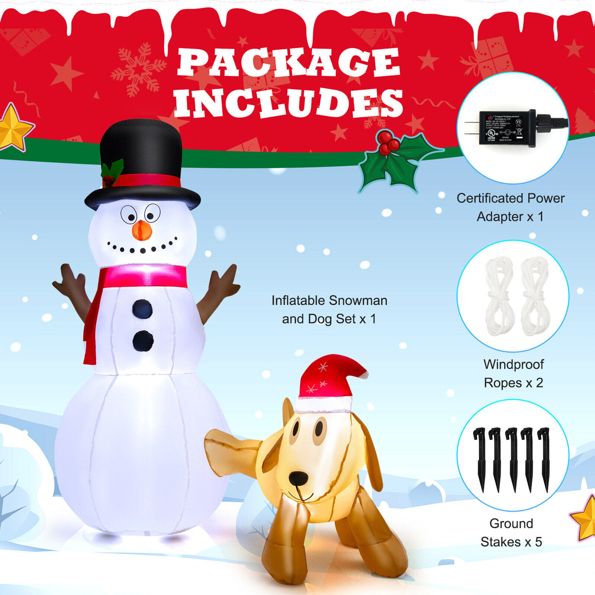 6 Ft Inflatable Snowman and Dog Christmas Decoration with LED Lights