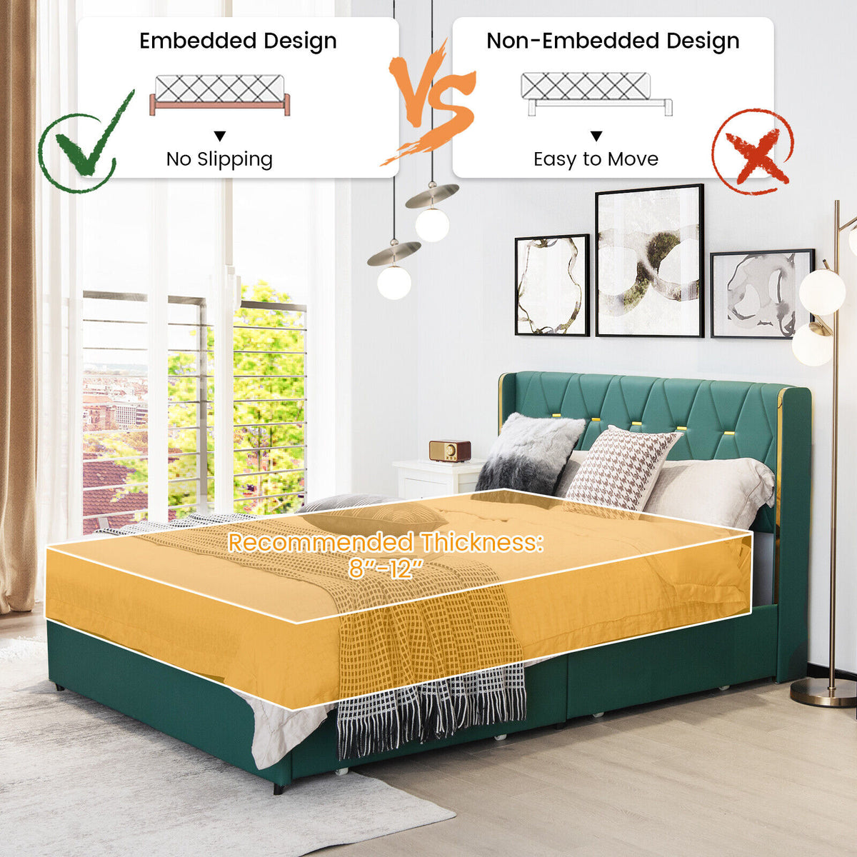 PU Leather Platform Bed Frame with 4 Drawers - Full, Green