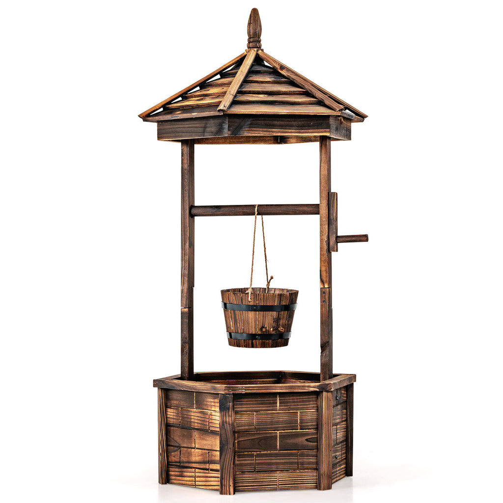Rustic Wooden Wishing Well with Adjustable Bucket - Brown