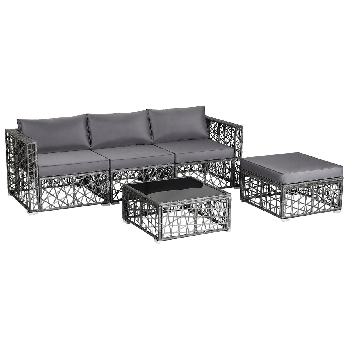 5-Piece PE Rattan Patio Sectional Sofa Set - Gray