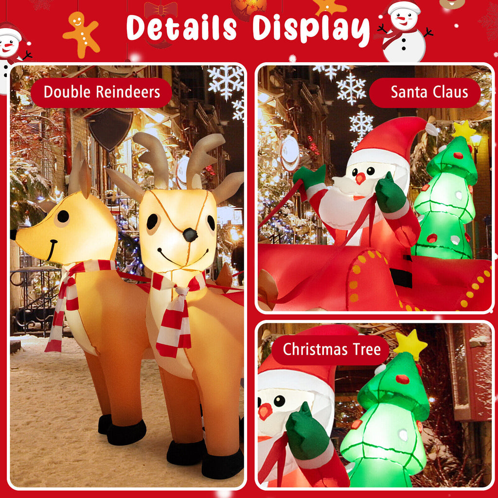 Inflatable Santa on Reindeer Sleigh with LED Lights - 7.2 Feet Christmas Yard Decor - Reindeer Pulling Style