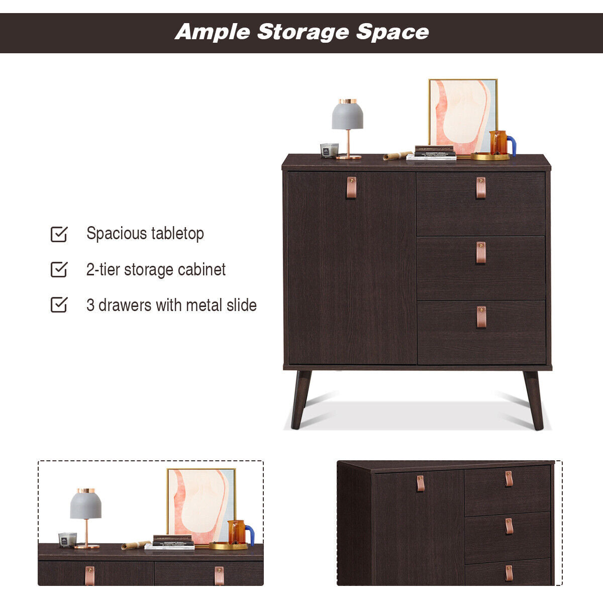 3-Drawer Sideboard Storage Display Cabinet, Brown