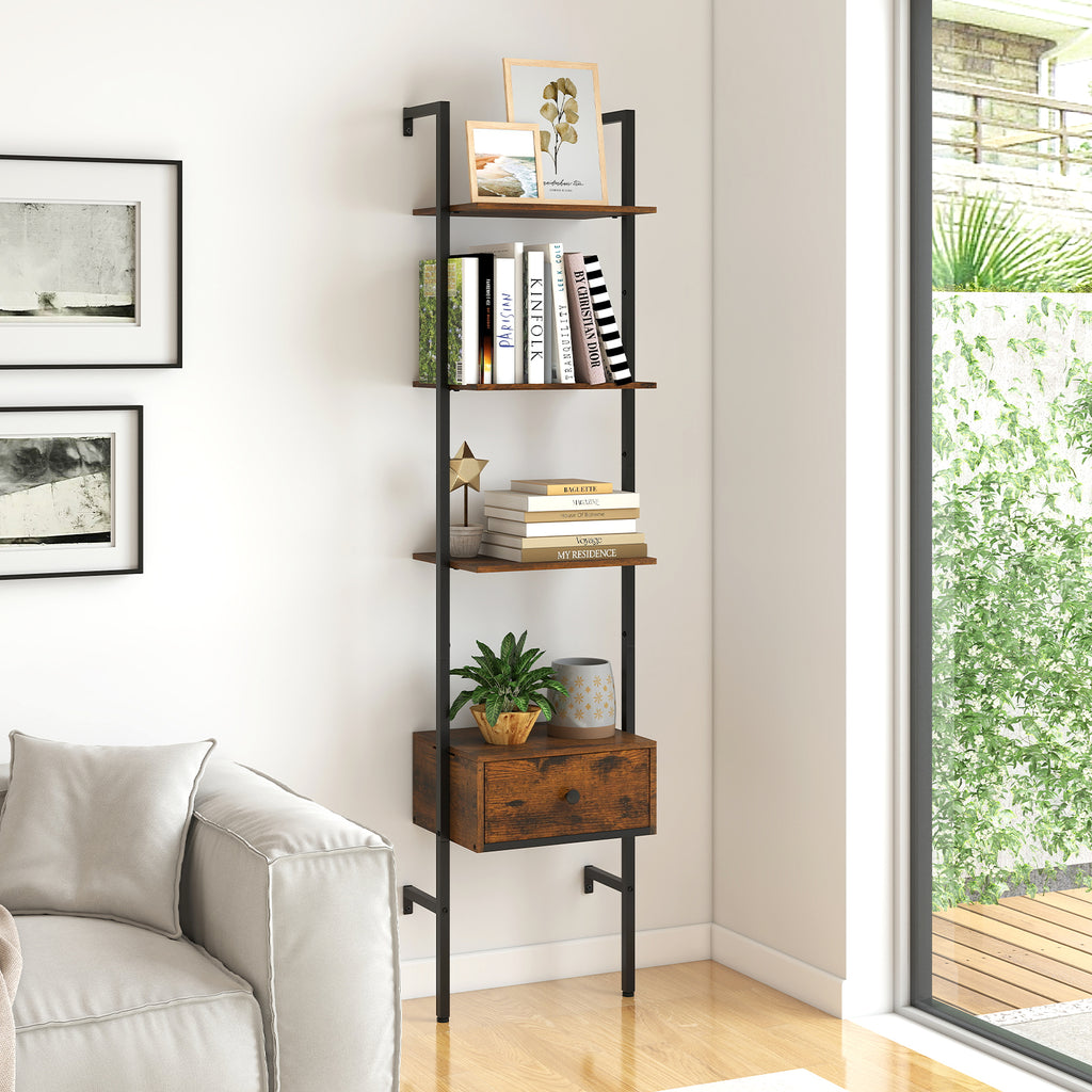 5-Tier Ladder Bookcase with Drawer & Metal Frame - Rustic Brown