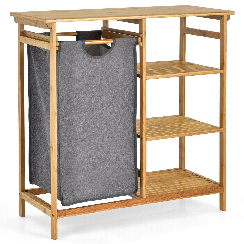 Bamboo Laundry Hamper Stand with Removable Sliding Bag and 3-Tier