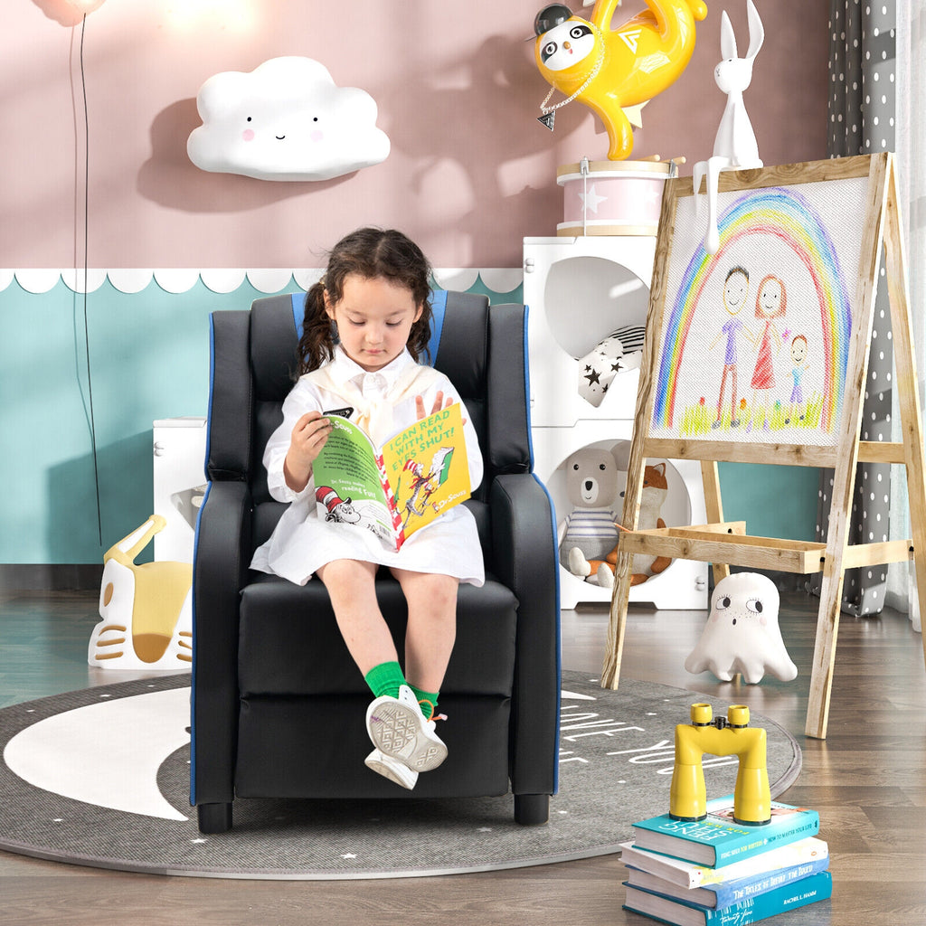 Kids Recliner Chair with Side Pockets & Footrest - Style G, Blue
