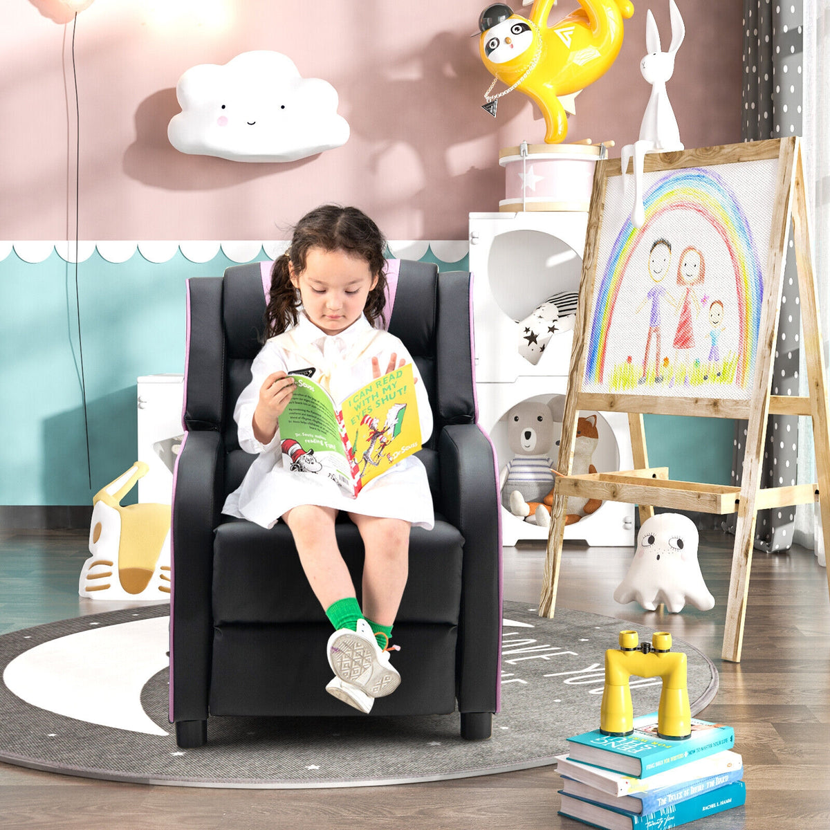 Kids Recliner Chair with Side Pockets & Footrest - Style G Pink