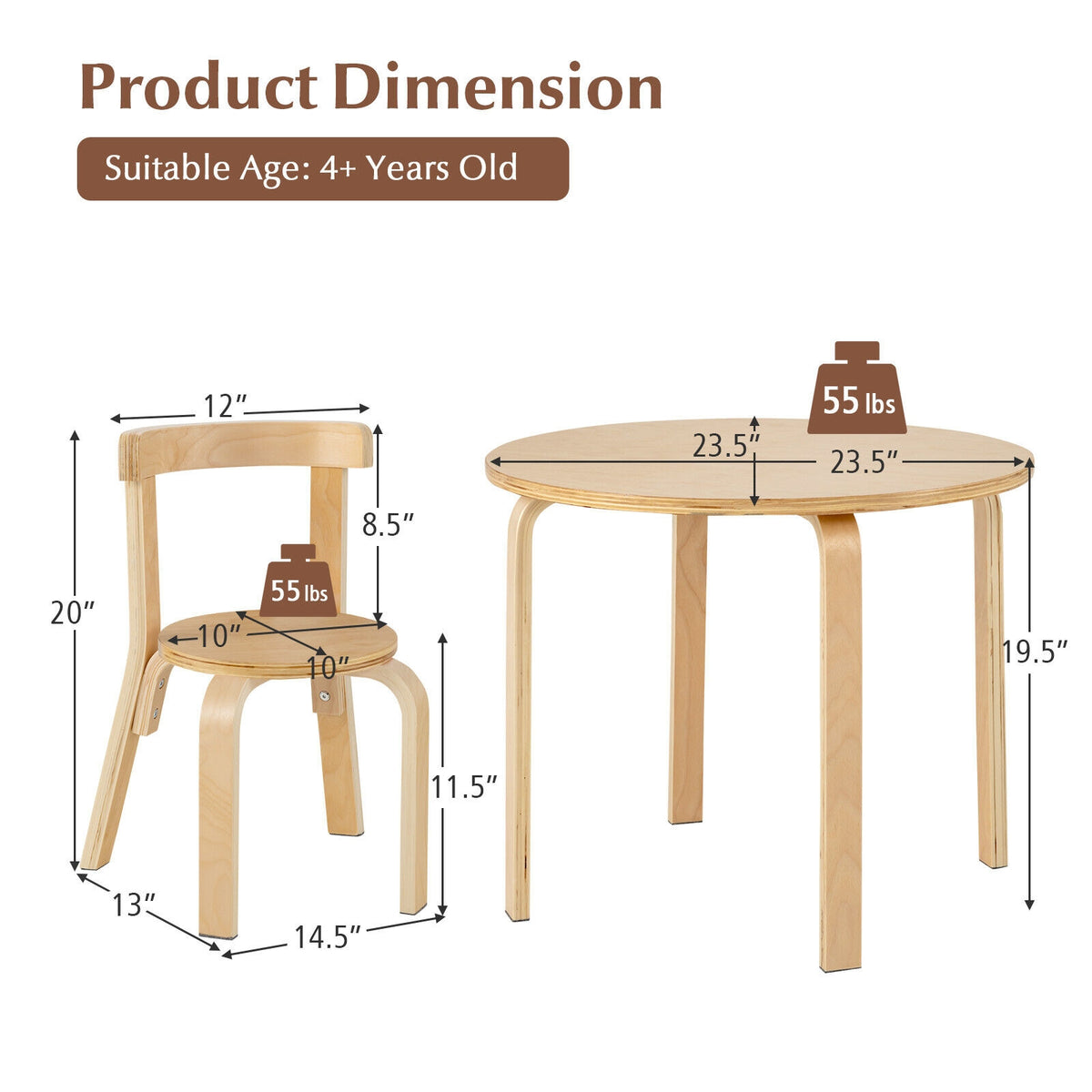 Kids Wooden Curved Back Activity Table and Chair Set - Round Natural