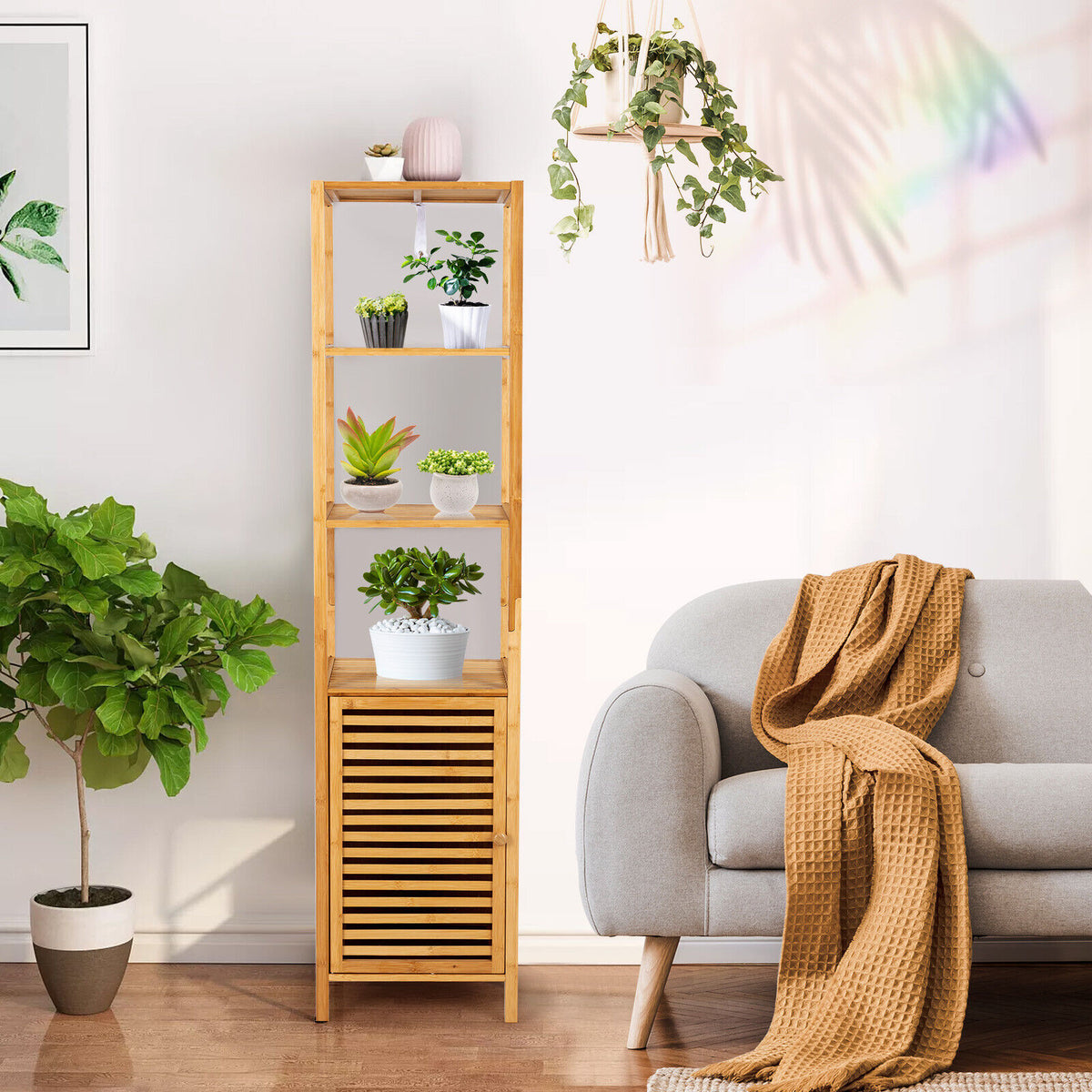 4-Tier Bamboo Floor Storage Cabinet with Shutter Door - 62-inch H