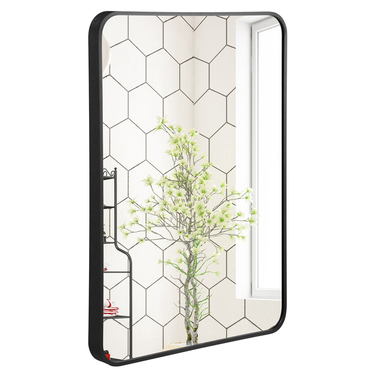 Costway Black Metal Framed Bathroom Mirror with Rounded Corners