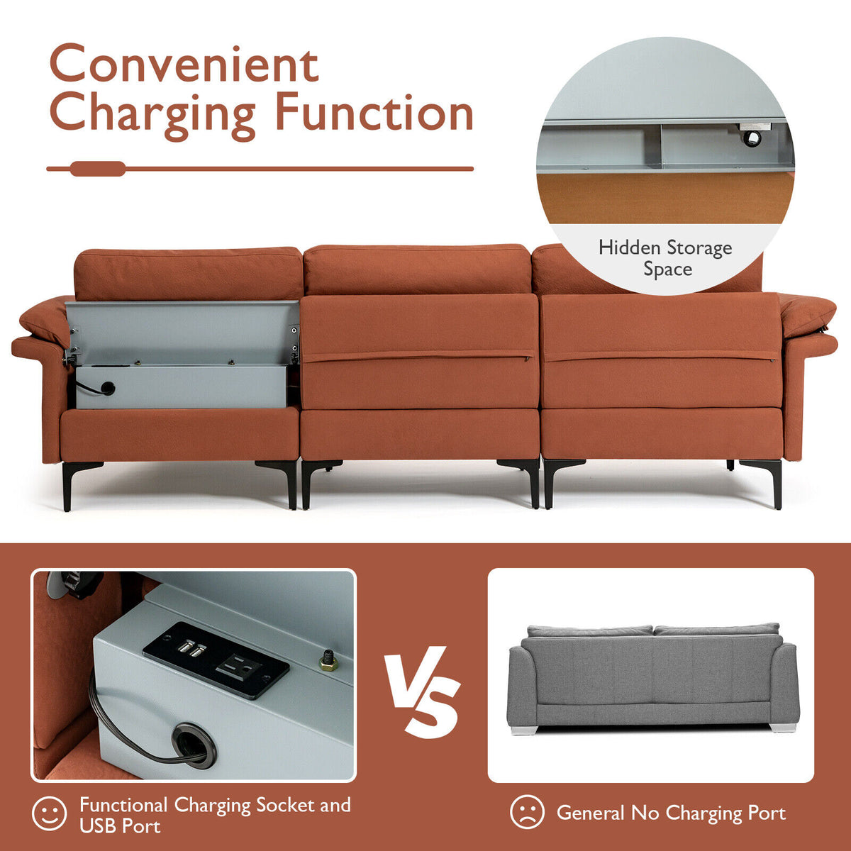 3-Seat L-Shaped Sectional Sofa with Reversible Chaise, Rust Red