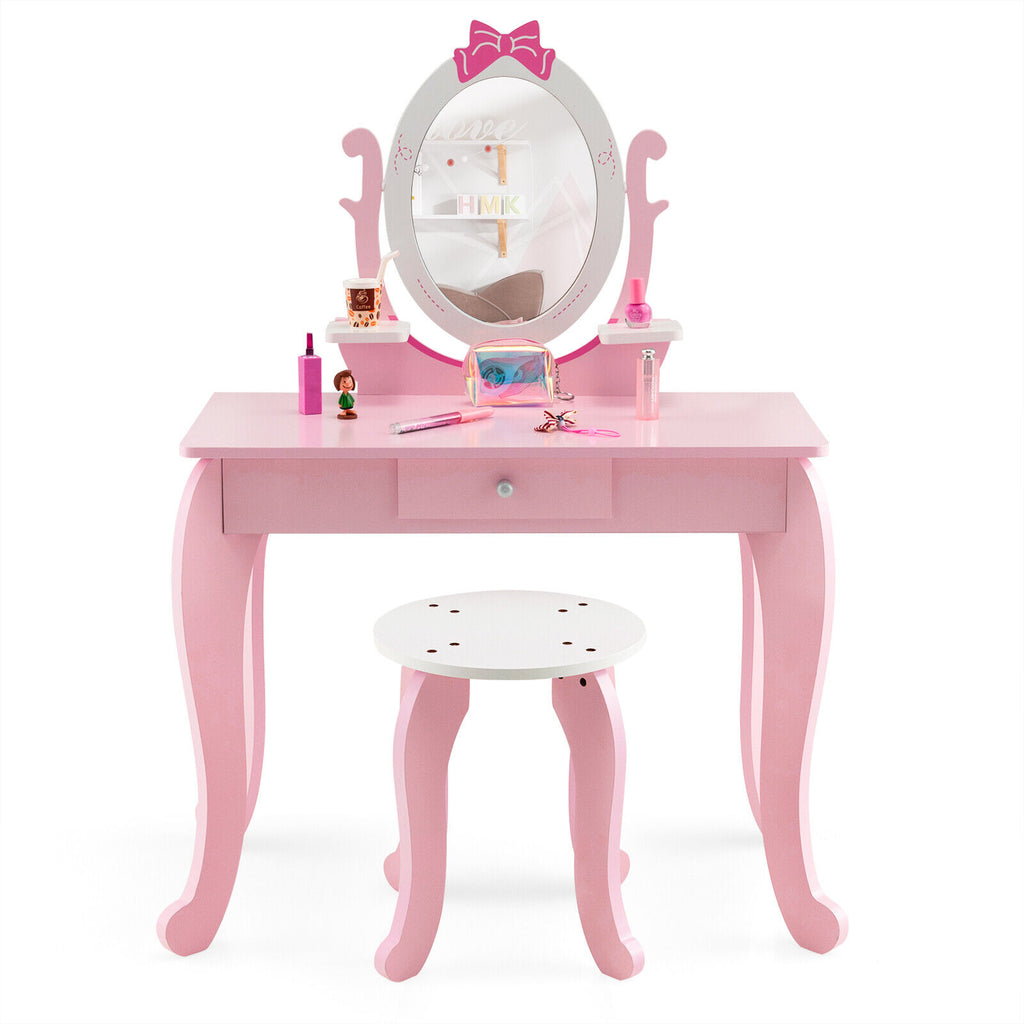 Kids Vanity Table Stool Set with Pink Storage Drawer & Rotatable Mirror - Costway