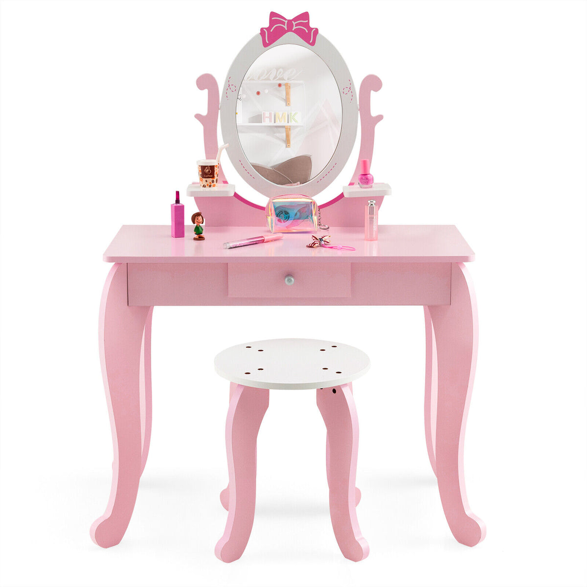 Kids Vanity Table Stool Set with Pink Storage Drawer & Rotatable Mirror - Costway